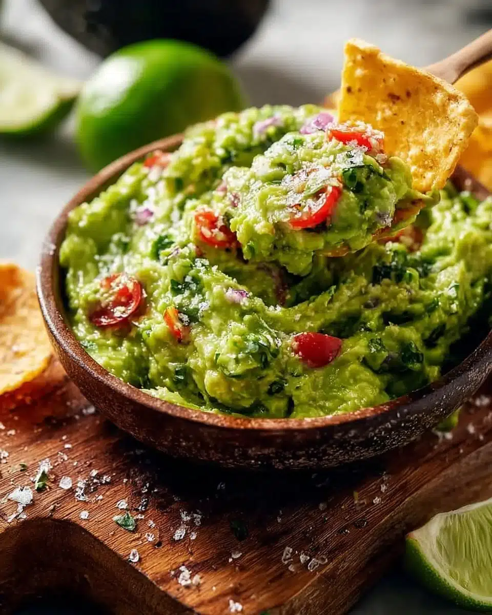 Creamy guacamole served in a bowl with tortilla chips on the side
