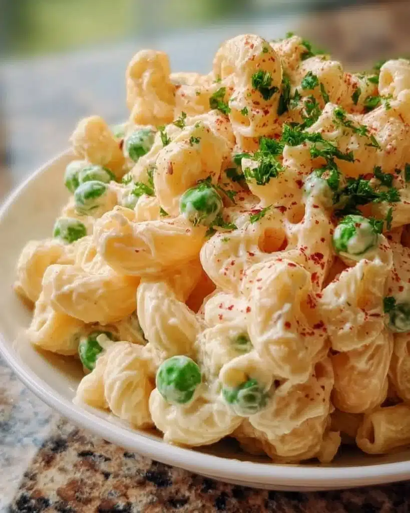 Creamy macaroni salad with peas served in a bowl