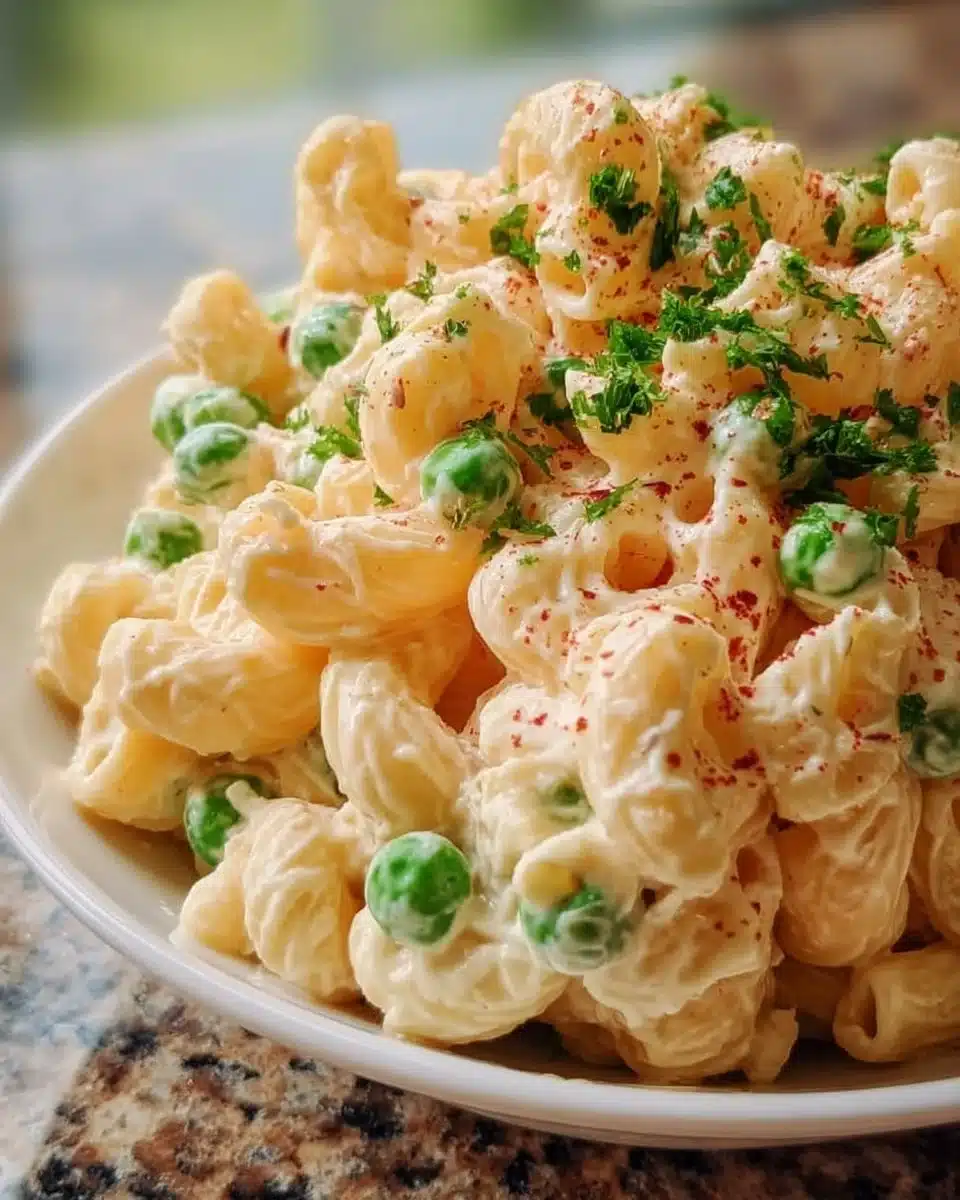 Creamy macaroni salad with peas served in a bowl