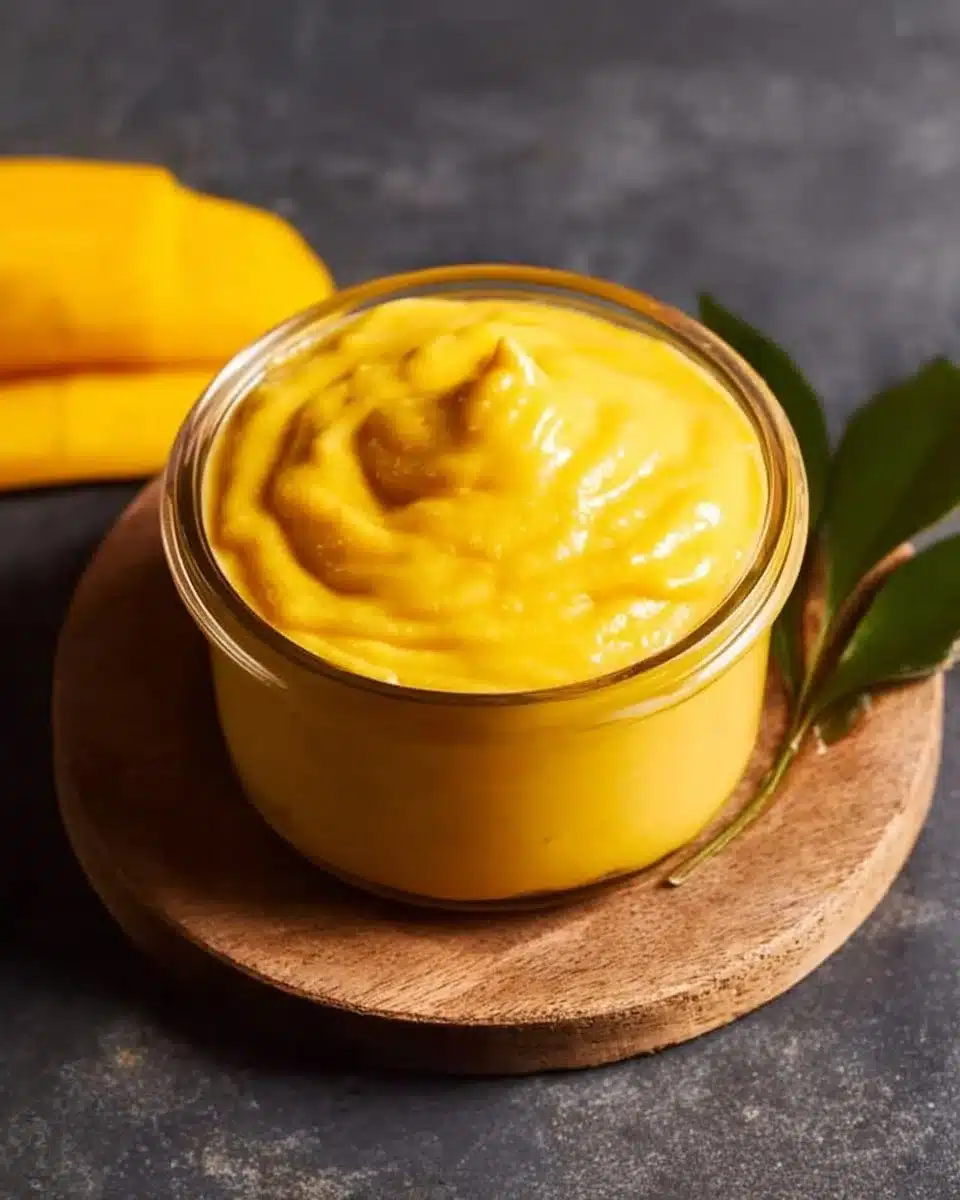 Creamy mango curd in a bowl with fresh mango slices on top