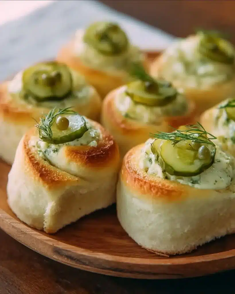 Delicious creamy pickle rolls served on a plate with a garnish