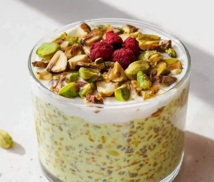 Bowl of creamy pistachio overnight oats topped with nuts and fruits.