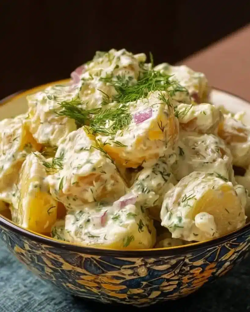 Creamy Yukon Gold potato salad served in a bowl, garnished with herbs