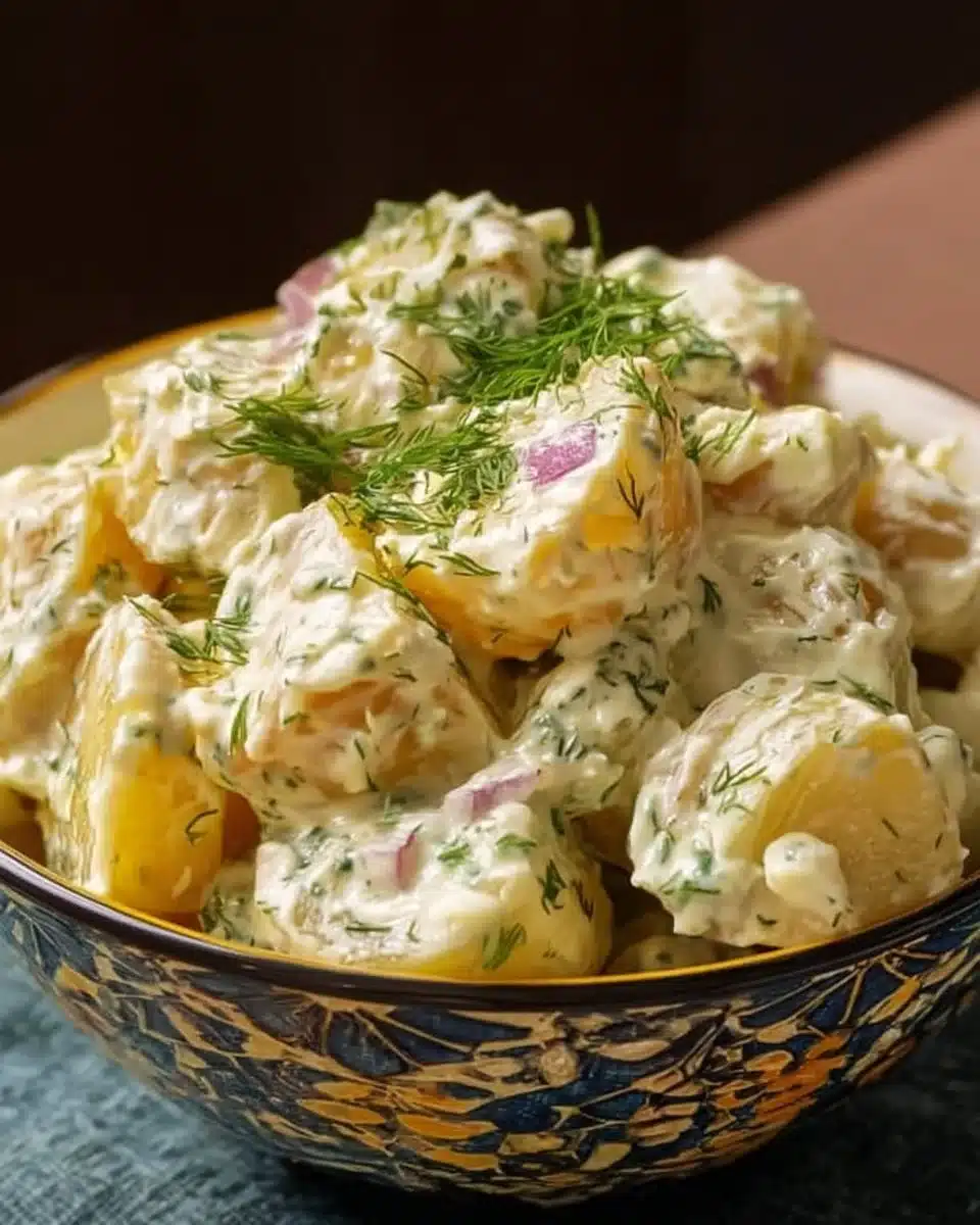 Creamy Yukon Gold potato salad served in a bowl, garnished with herbs