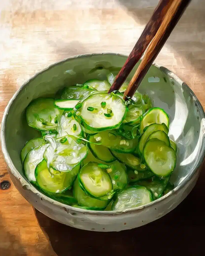 Bowl of Crispy Cucumber Salad dressed with rice vinegar, showcasing fresh vegetables.