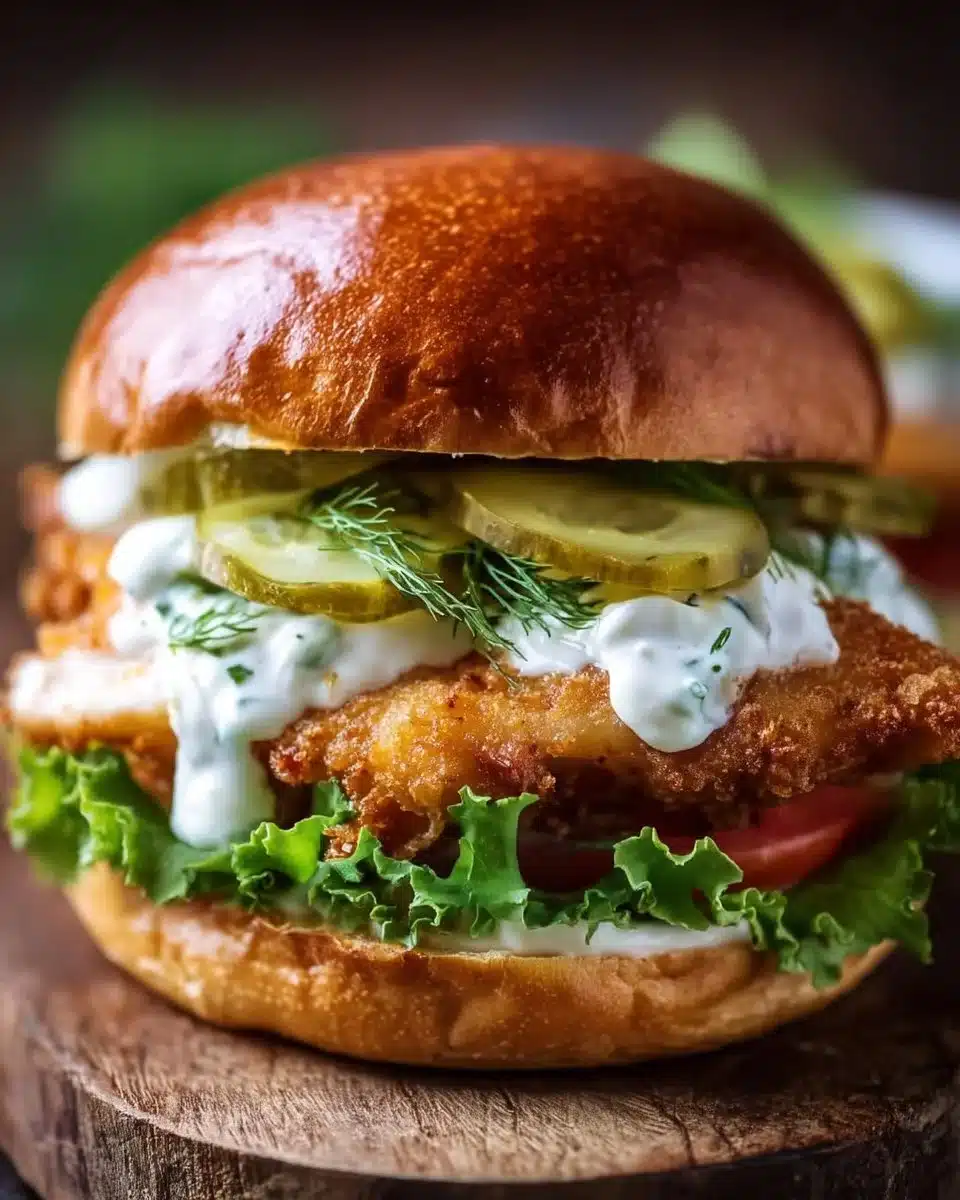 Crispy dill chicken sandwich on a rustic wooden table