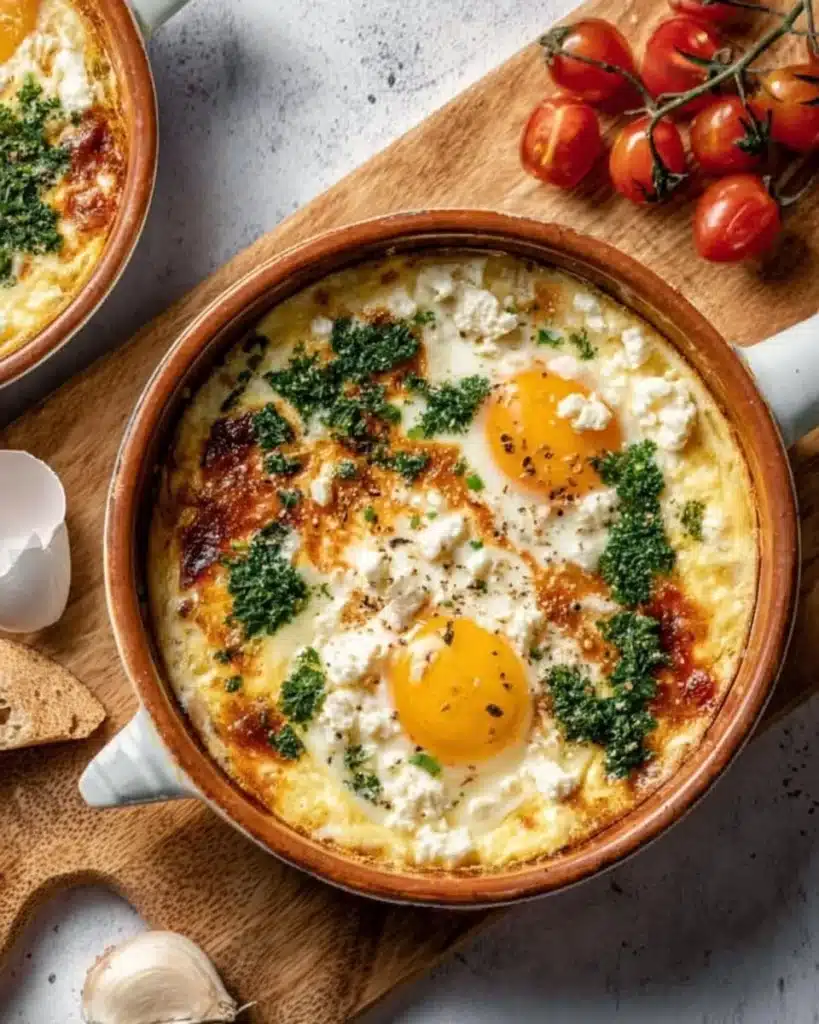 Delicious Crispy Feta Eggs topped with herbs, served in a skillet.