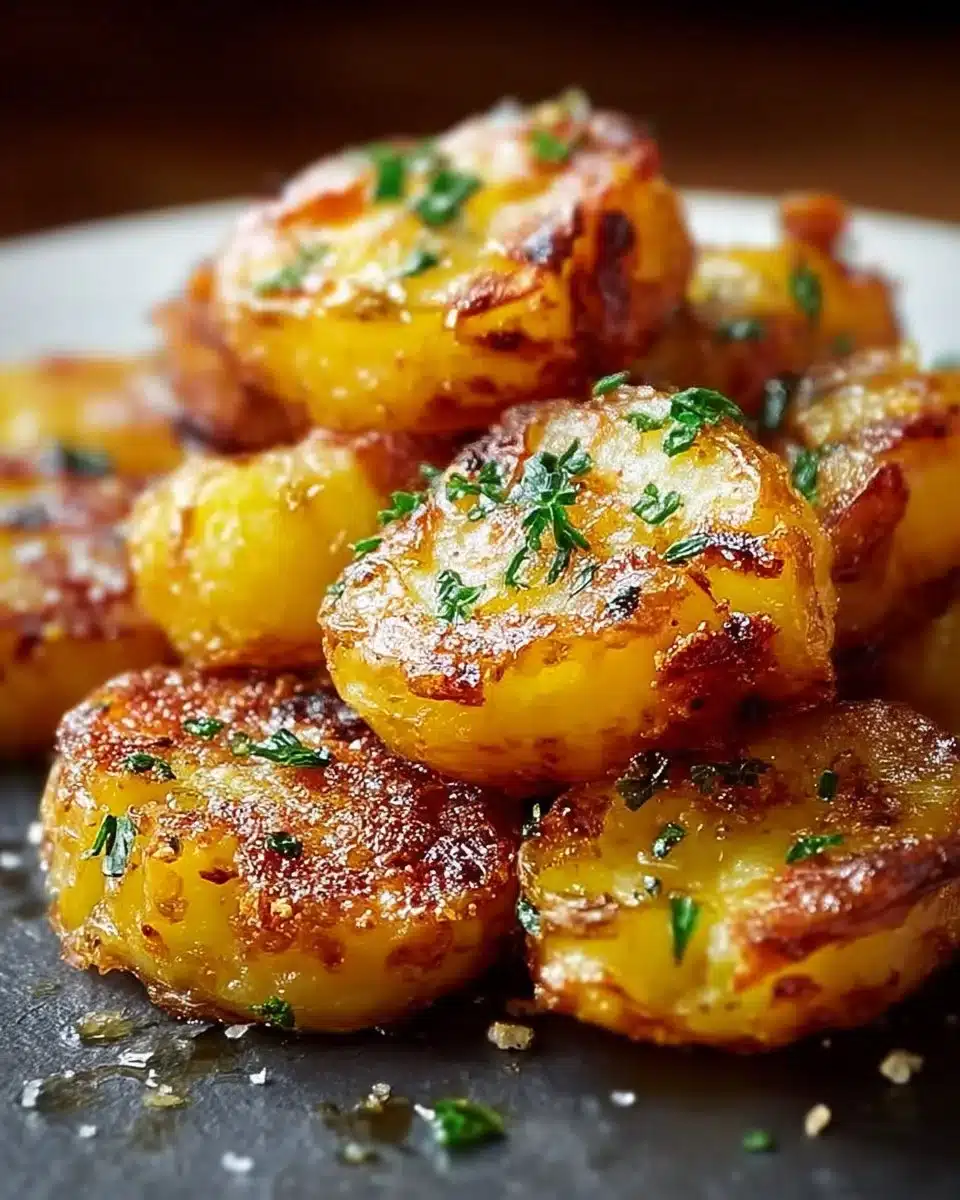 Plate of crispy smashed potatoes garnished with herbs