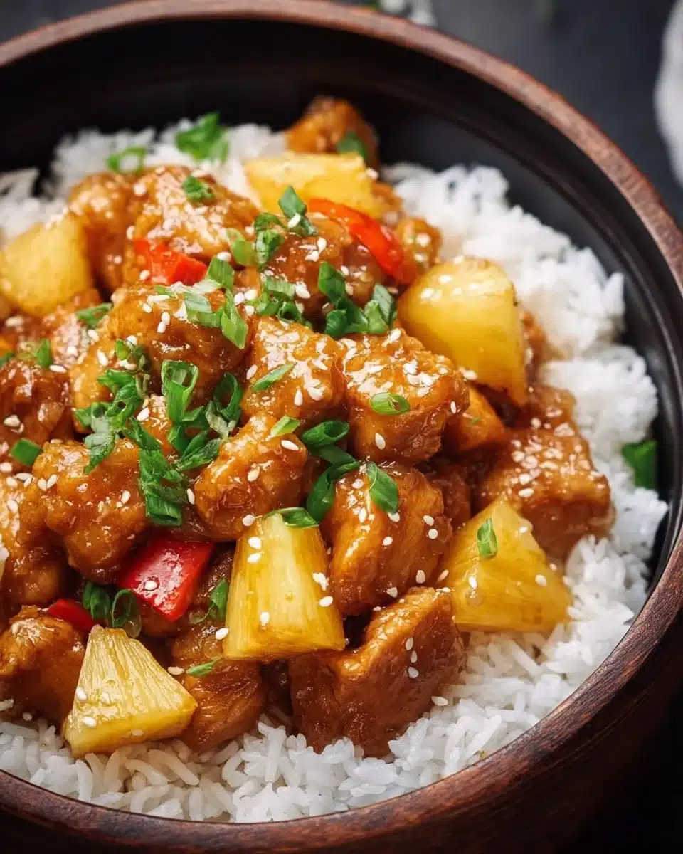 Crockpot Hawaiian Chicken dish with pineapple and savory sauce