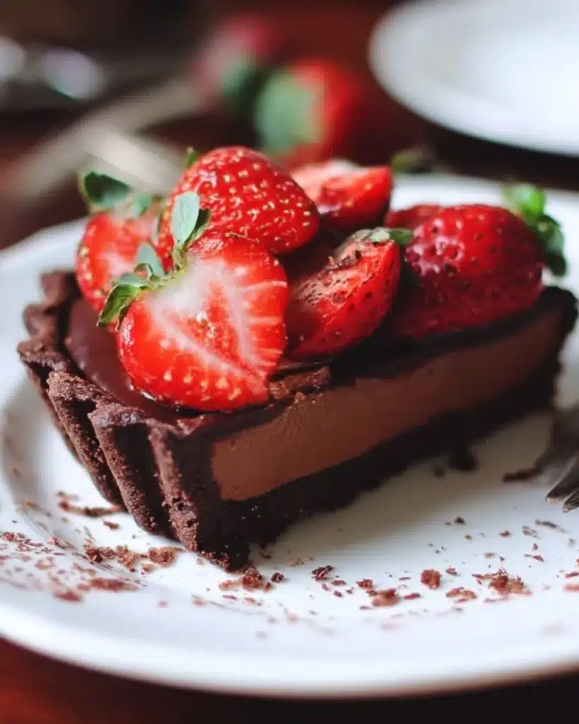Dark Chocolate Strawberry Tart dessert with fresh strawberries and chocolate ganache