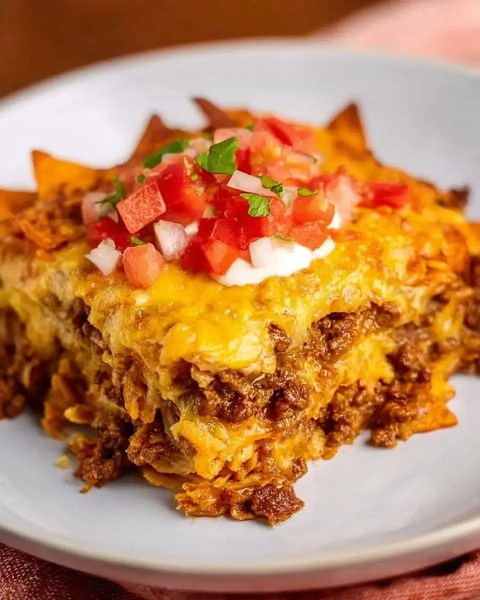 Delicious Doritos Taco Casserole garnished with fresh ingredients