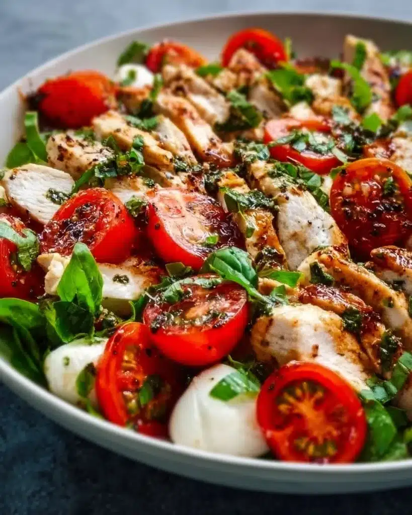 Delicious easy Caprese Chicken Salad with tomatoes, mozzarella, and basil.