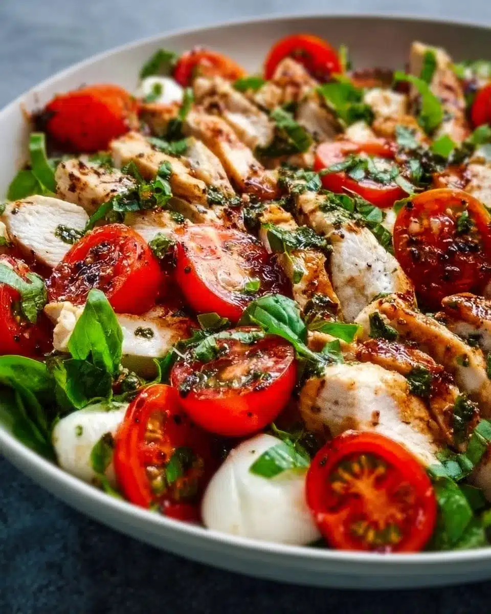 Delicious easy Caprese Chicken Salad with tomatoes, mozzarella, and basil.