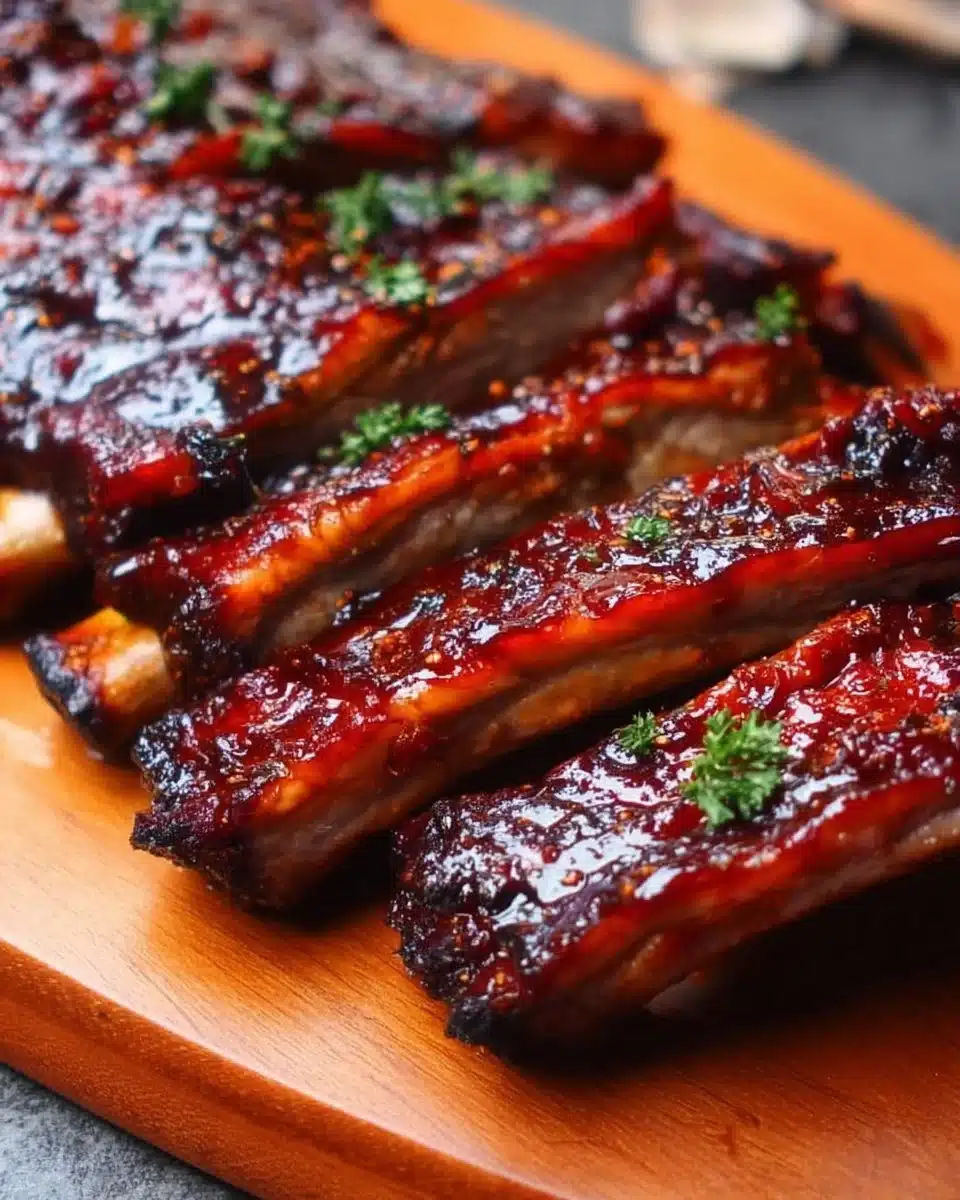 Delicious Easy Chinese BBQ Ribs garnished with sesame seeds and green onions.
