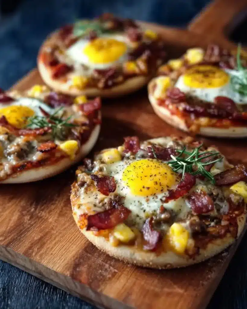 Homemade English muffin breakfast pizzas topped with eggs and cheese