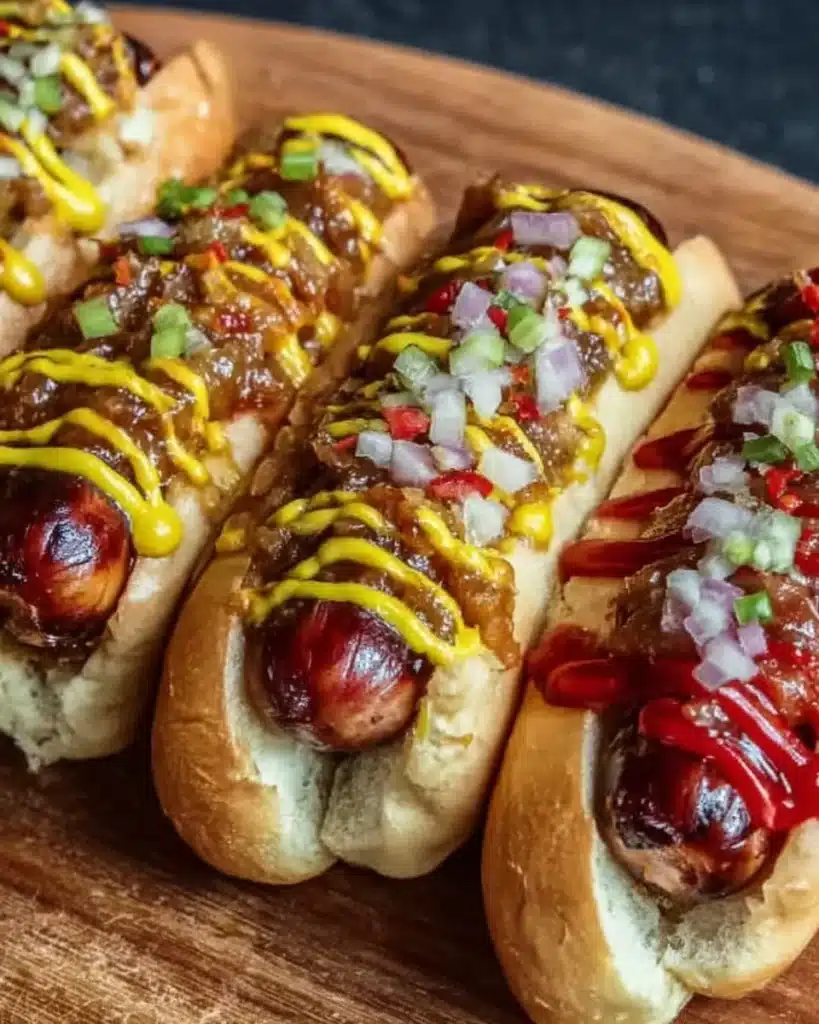 Firecracker Hot Dogs recipe featuring spicy toppings and garnishes.