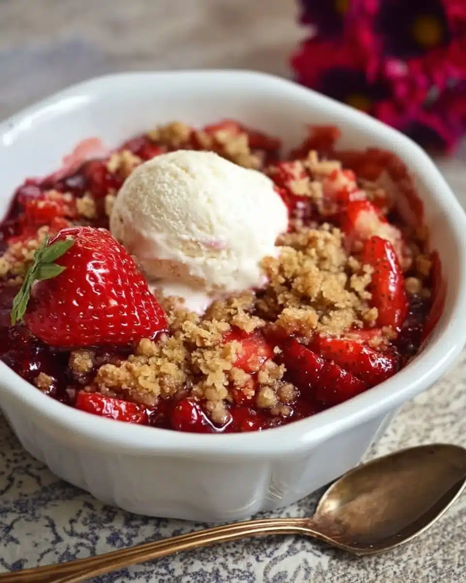 Delicious fresh strawberry crisp dessert with a golden crumble topping