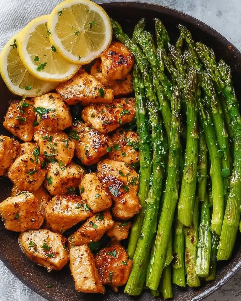 Delicious garlic butter chicken bites served with lemon asparagus on a plate