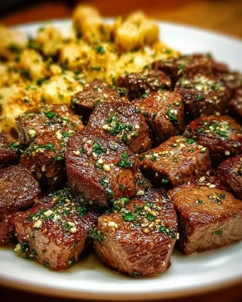 Garlic butter steak bites cooked to perfection with fresh herbs and spices.