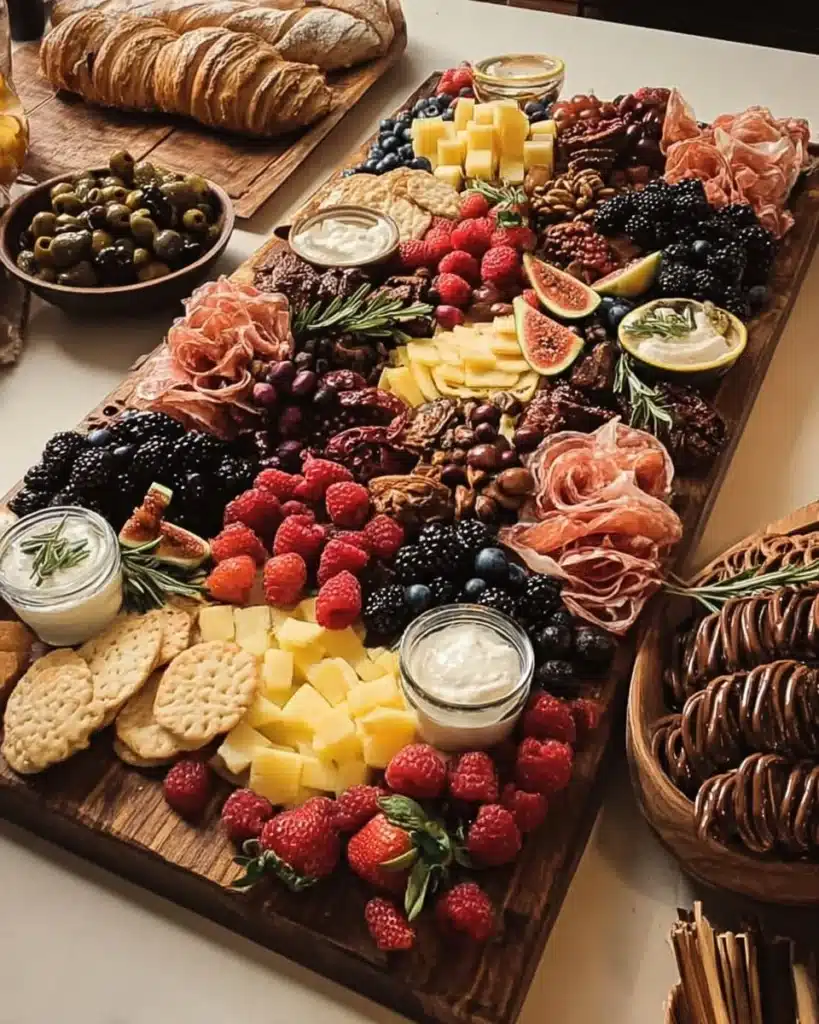 Colorful graduation dessert charcuterie board with cakes, fruits, and candies.