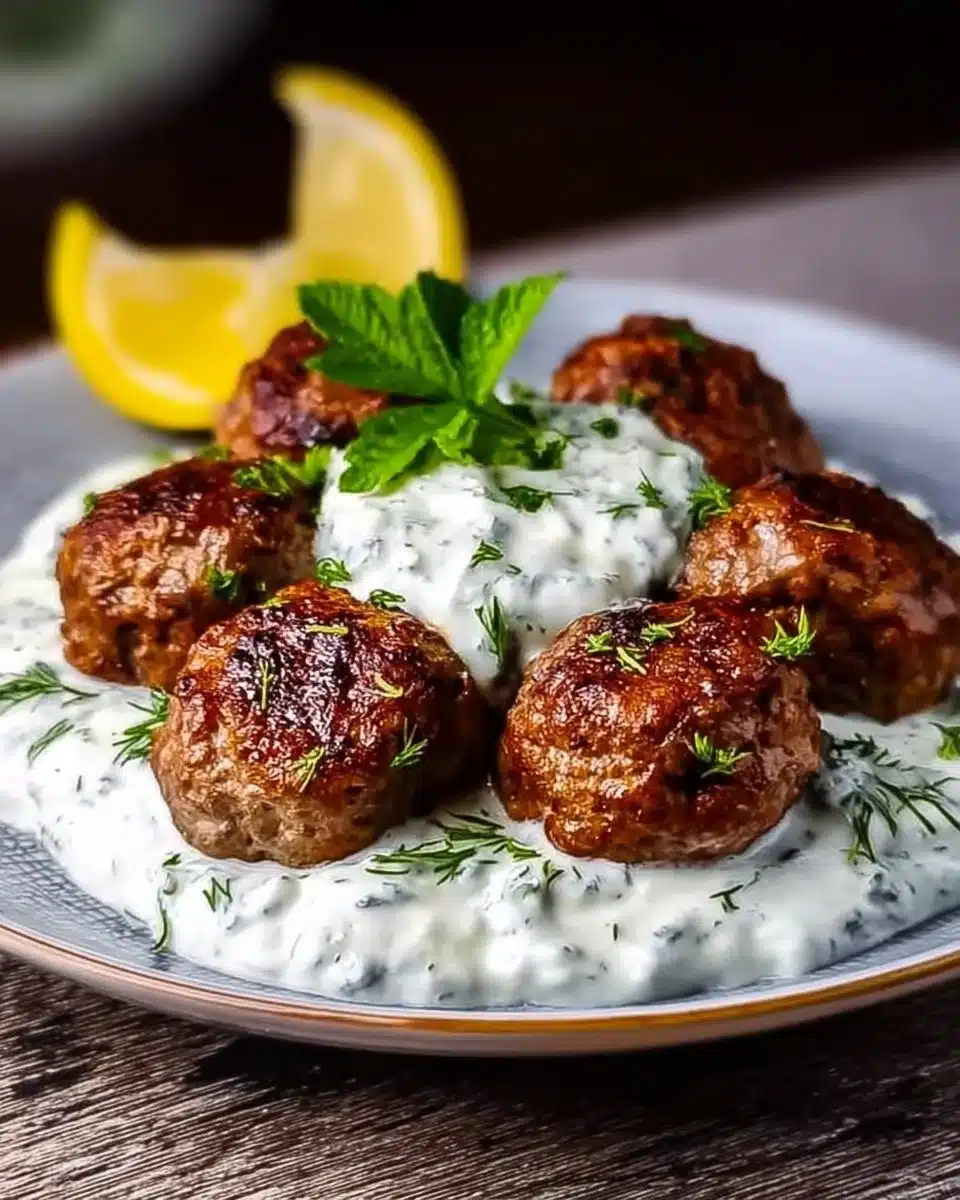 Plate of Greek meatballs (keftedes) with a side of tzatziki sauce