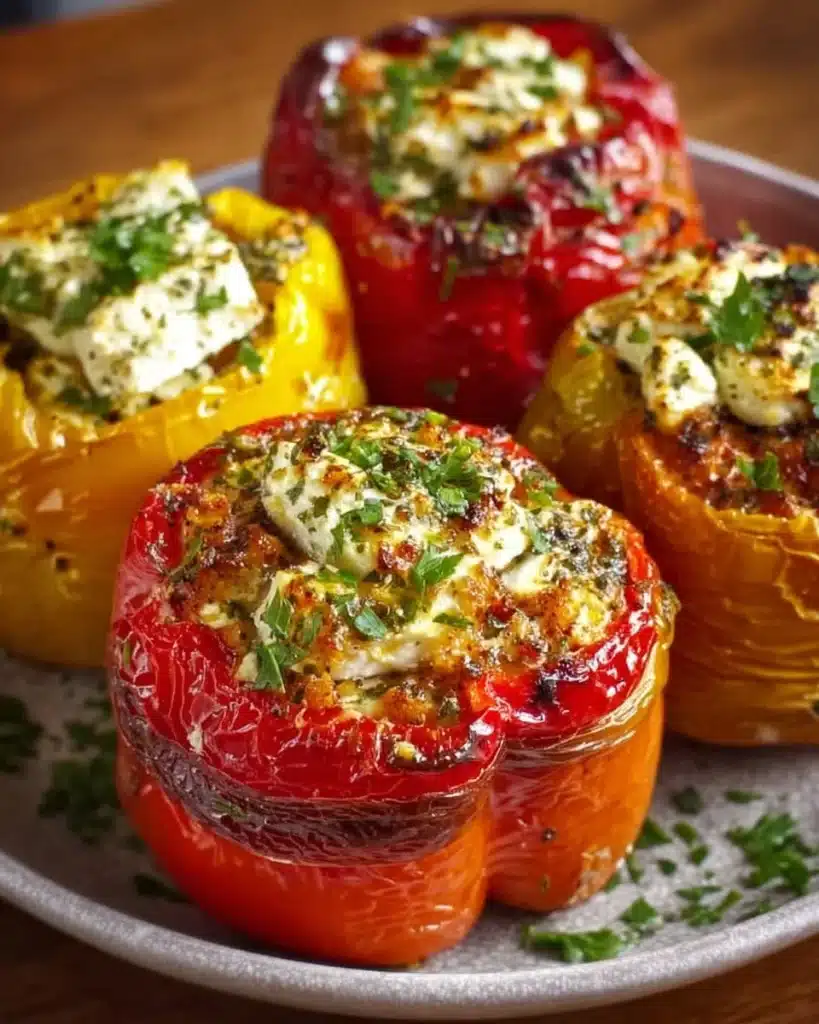 Greek stuffed peppers filled with rice and herbs on a platter
