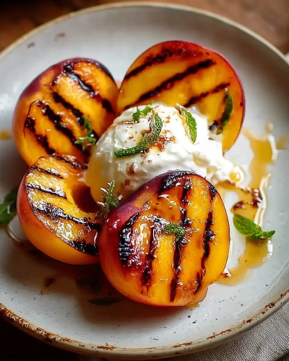 Grilled peaches drizzled with honey and served with mascarpone cheese