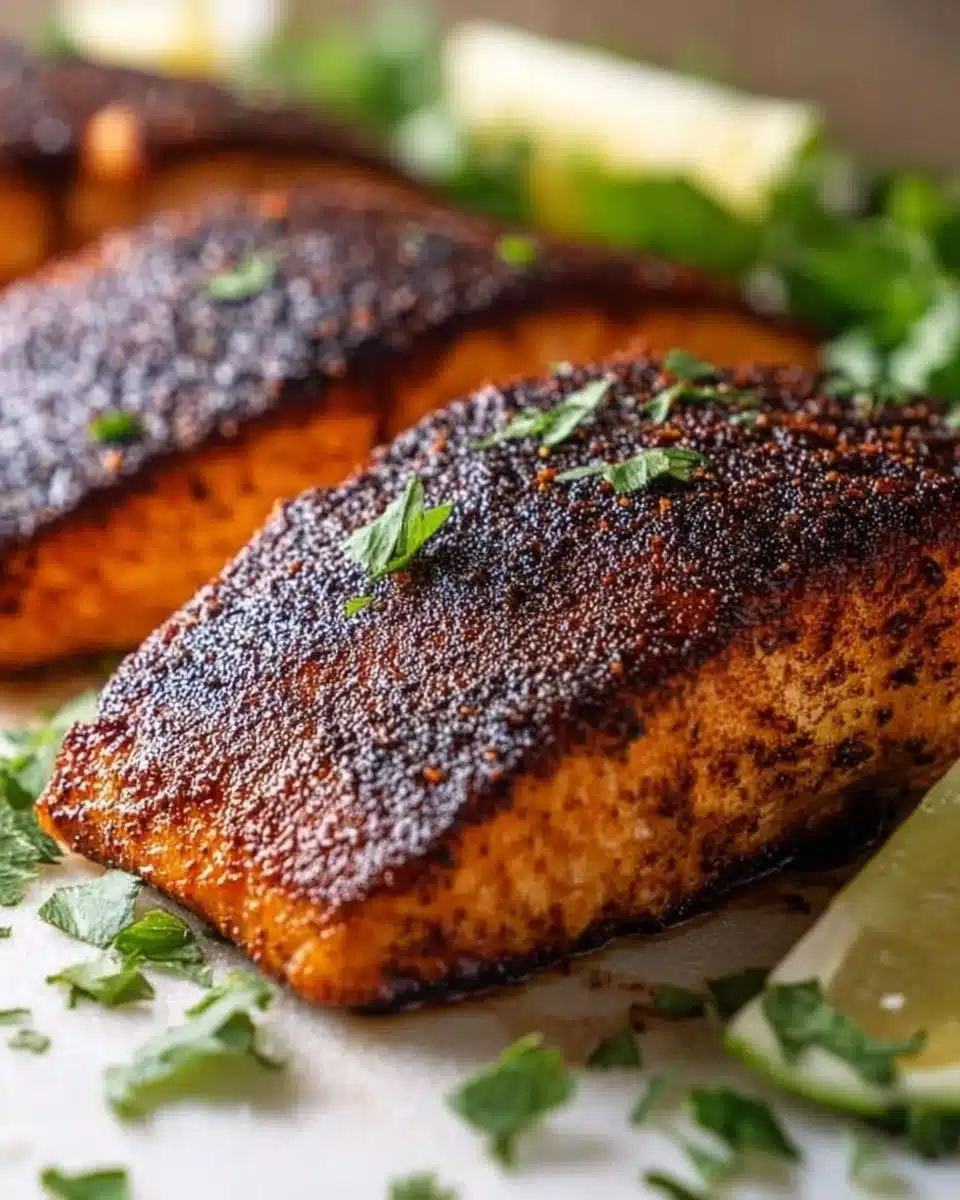 Plate of healthy blackened salmon seasoned with herbs and spices