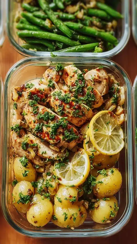 Healthy Lemon Garlic Chicken Meal Prep Bowls with fresh ingredients