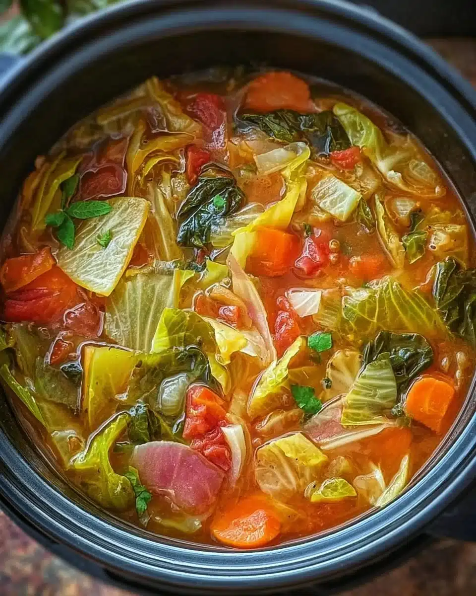 Bowl of hearty veggie-packed cabbage soup garnished with herbs