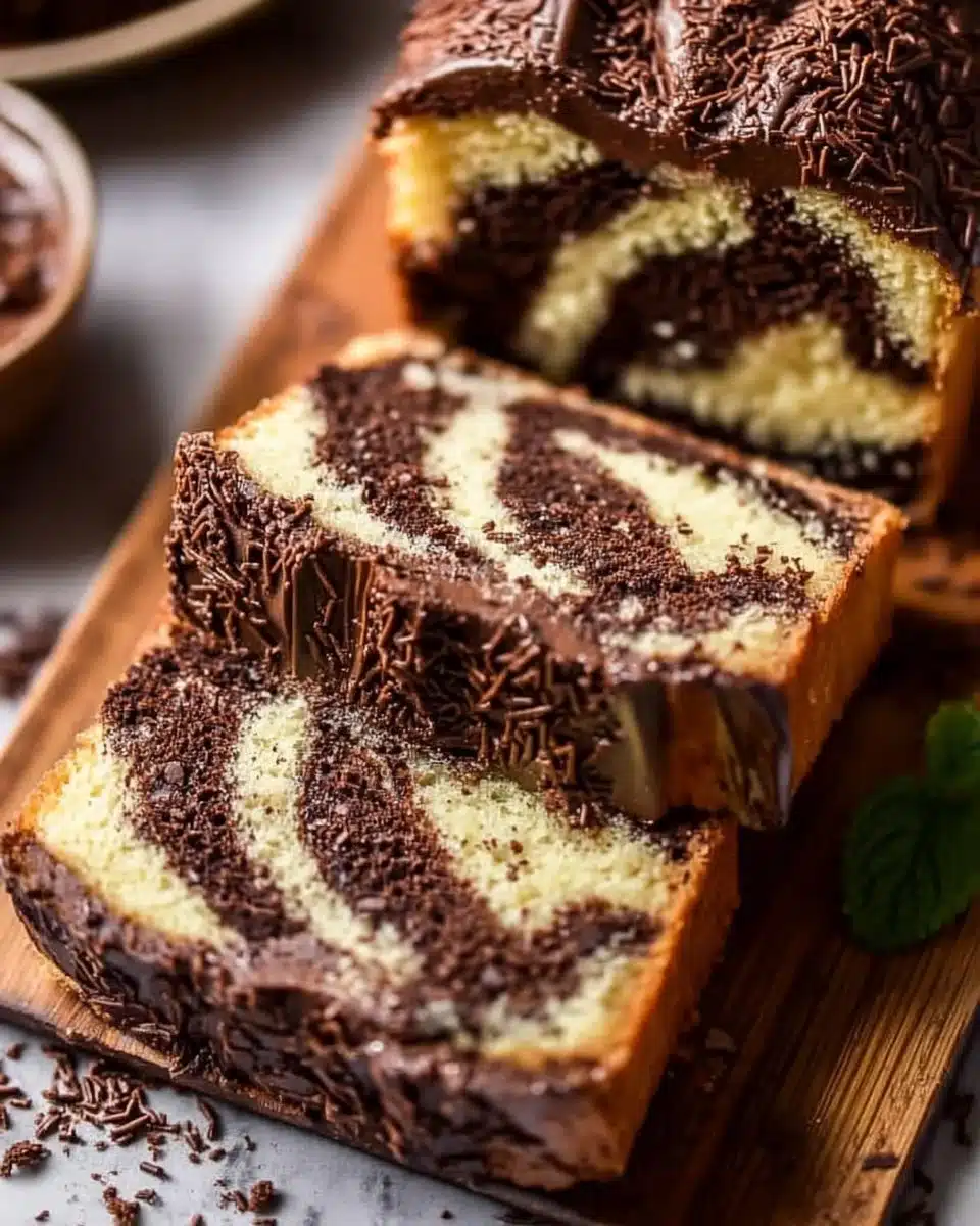 Homemade marble cake with swirls of chocolate and vanilla frosting