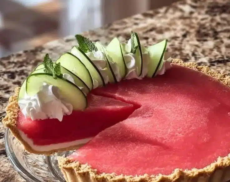 A slice of homemade watermelon pie garnished with mint leaves on a wooden table.