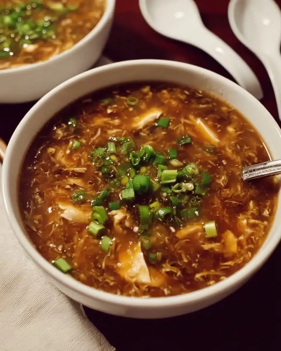 Bowl of authentic Hot and Sour Soup with ingredients like mushrooms and tofu