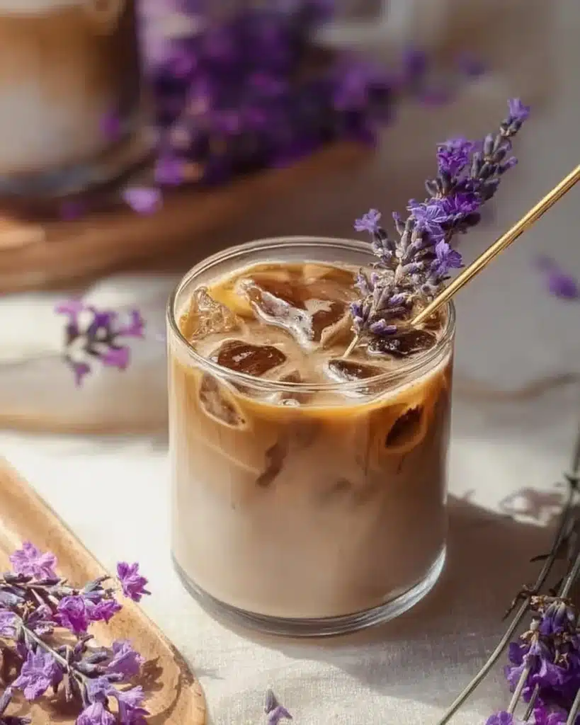 Iced Lavender Honey Latte with lavender sprigs and honey drizzle