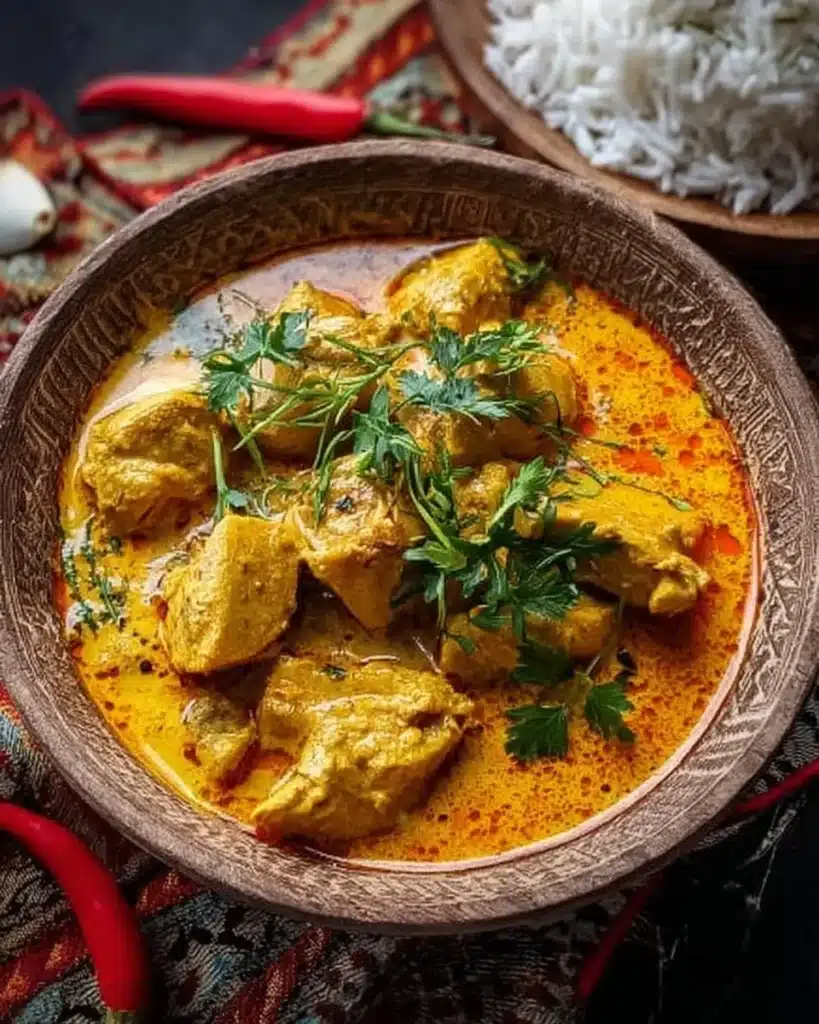 Indian chicken curry with garlic and turmeric served in a bowl