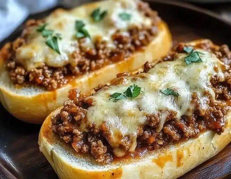 Delicious Italian Garlic Bread Sloppy Joes on a plate, ready to eat.