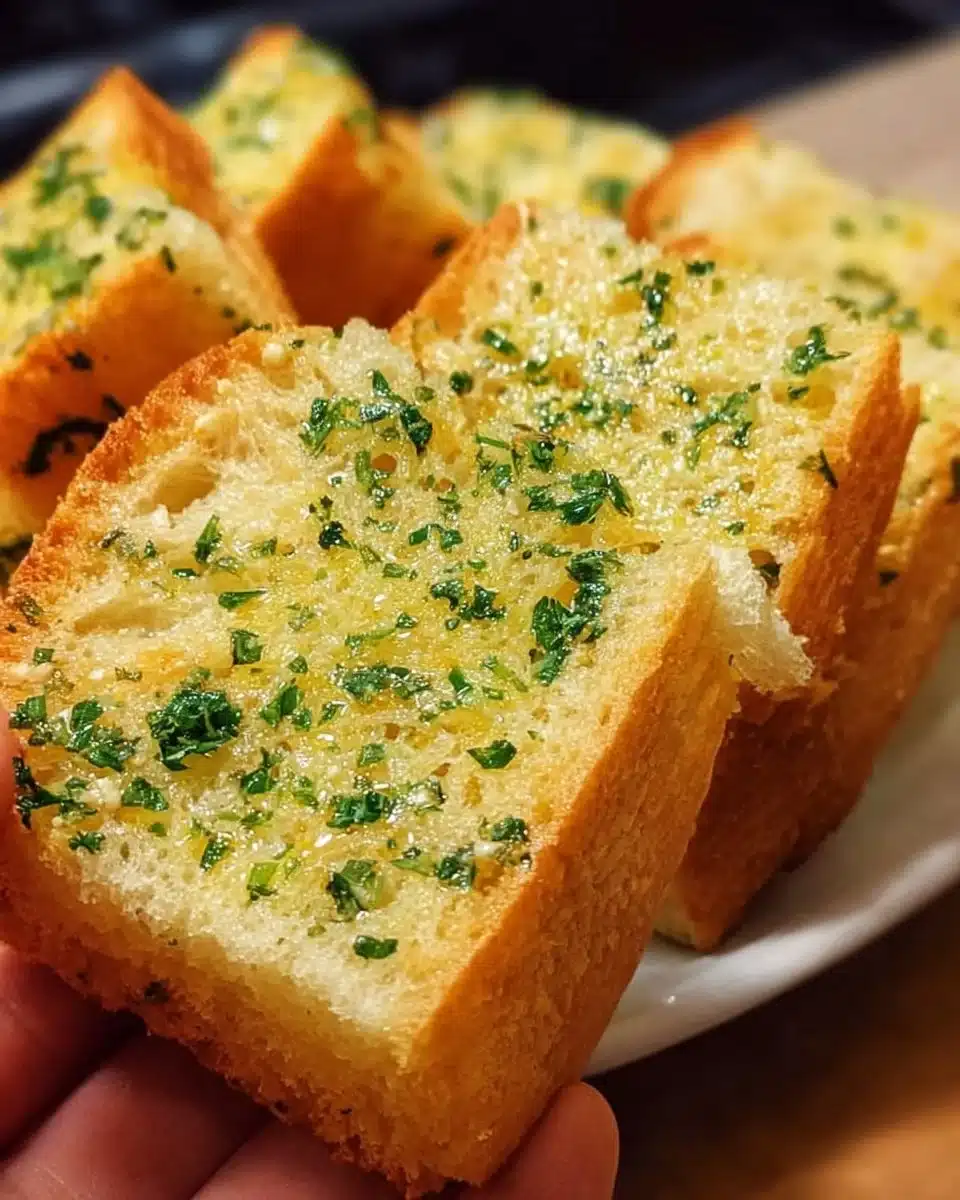 Delicious homemade Italian garlic bread with herbs and butter on a wooden board.