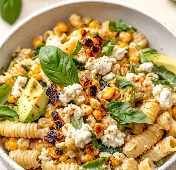 Juicy street corn pasta salad served in a bowl with fresh toppings