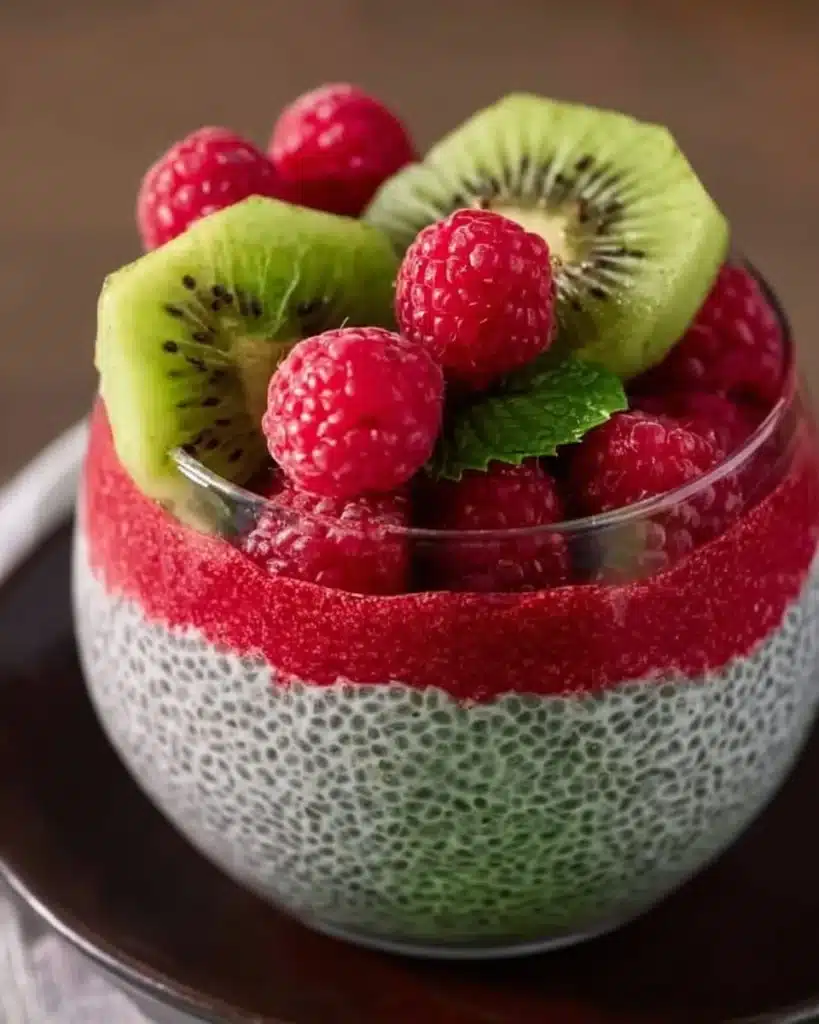 Delicious Kiwi Raspberry Chia Pudding in a glass bowl garnished with fresh fruit