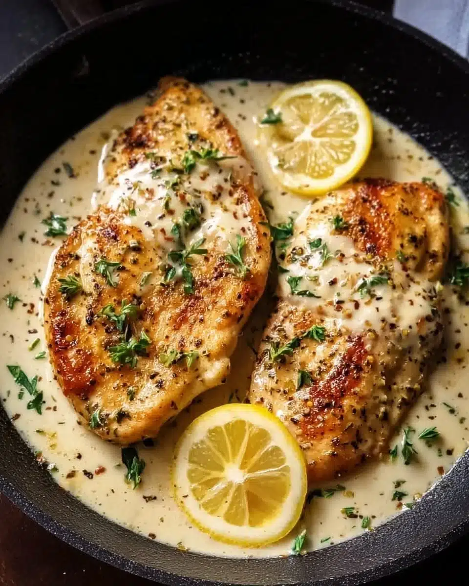Lemon Garlic Chicken served with creamy parmesan sauce on a plate