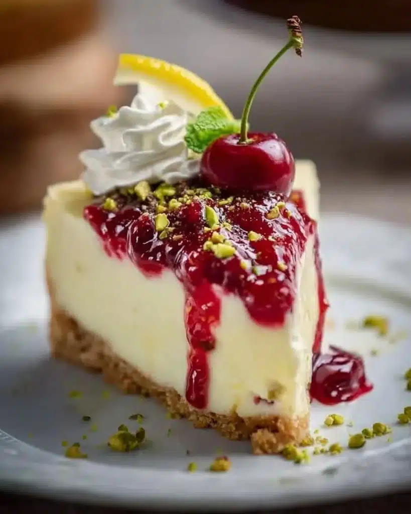 Lemon Lime Cherry Pistachio Cheesecake topped with fresh fruit