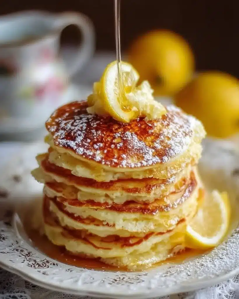 Delicious Lemon Ricotta Pancakes topped with fresh fruit and syrup