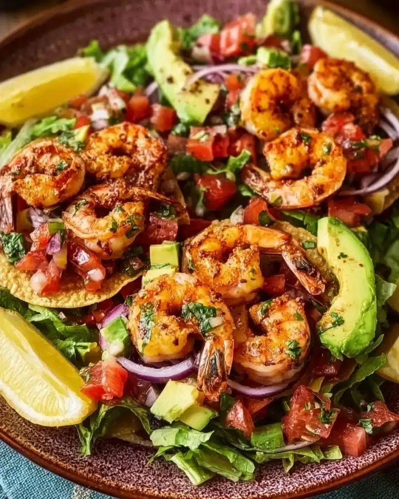 Mexican shrimp salad with taco toppings served in a colorful bowl.