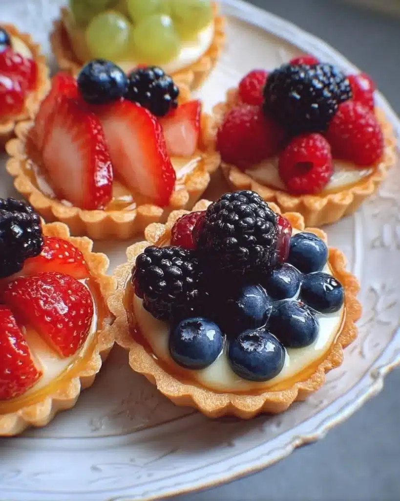 Delicious mini fruit tarts topped with assorted fresh fruits