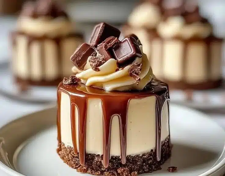 Mini Rolo cheesecakes topped with chocolate and caramel.