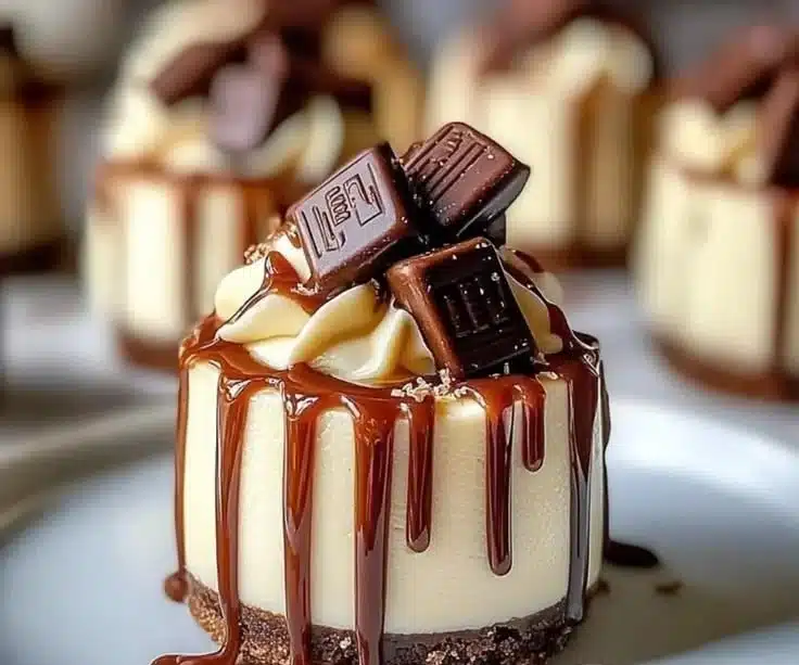 Delicious mini Rolo cheesecakes topped with chocolate and caramel