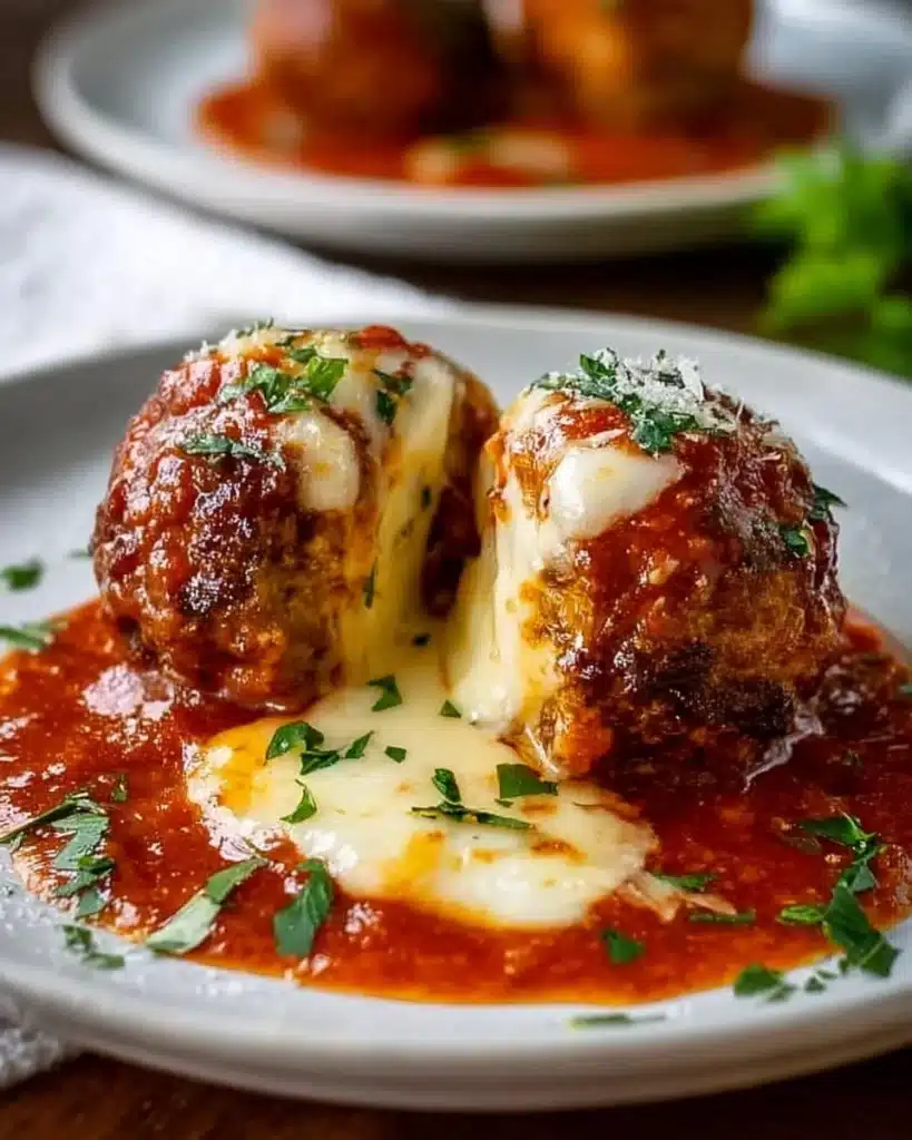 Plate of mozzarella stuffed meatballs with marinara sauce