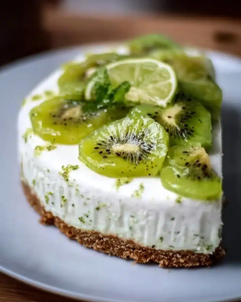 Slice of No-Bake Kiwi Lime Cheesecake topped with fresh kiwis and lime zest