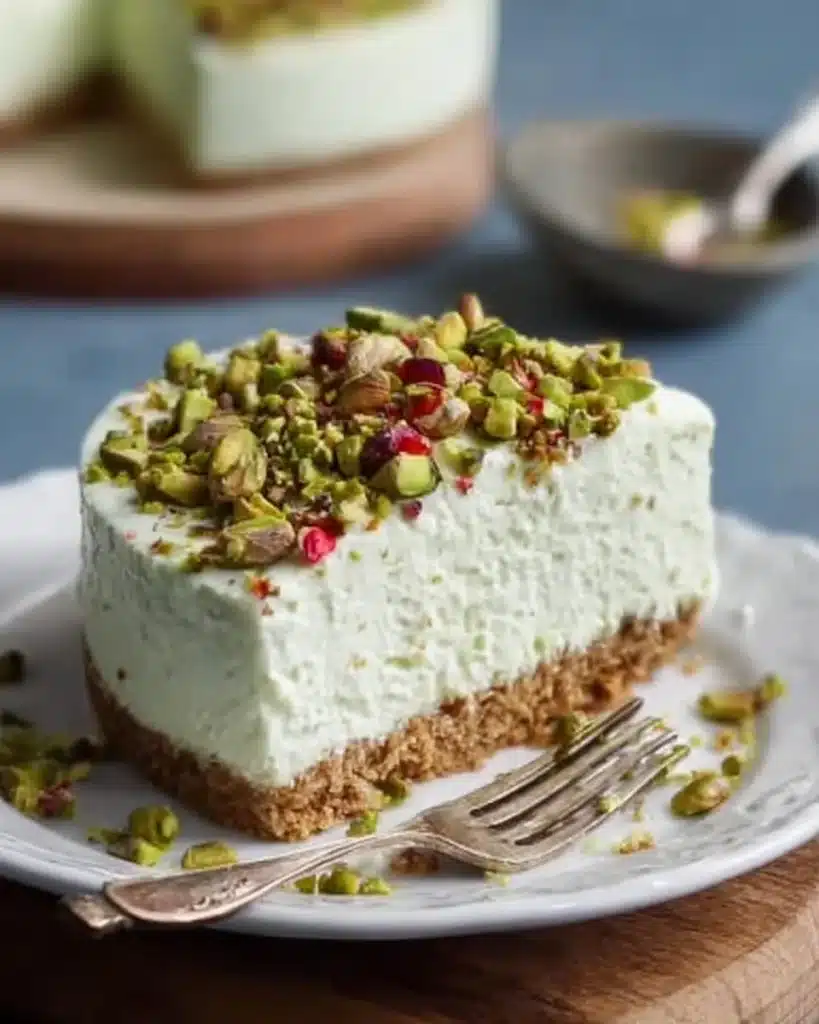 Delicious no-bake pistachio cheesecake topped with crushed nuts.