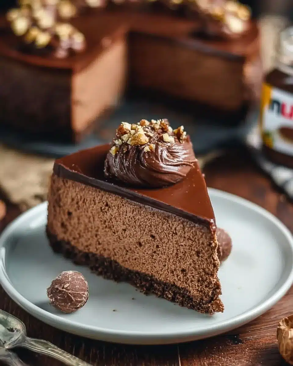 Decadent Nutella cheesecake topped with chocolate and hazelnuts